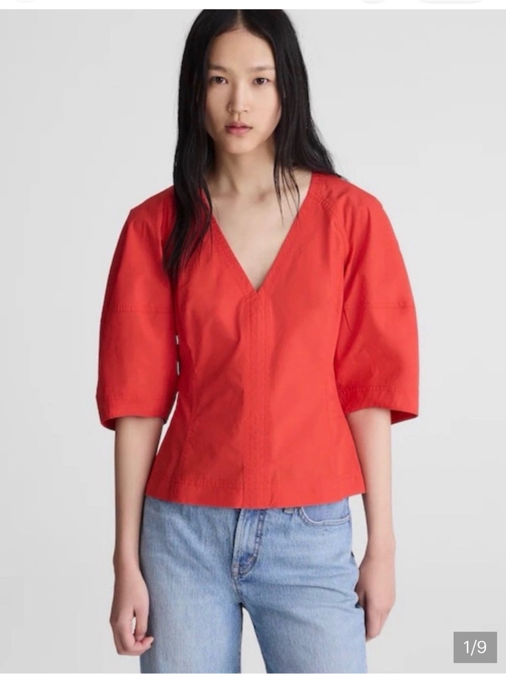 Madewell sculpted V-Neck Puff Sleeve Women's Top in Poplin Red